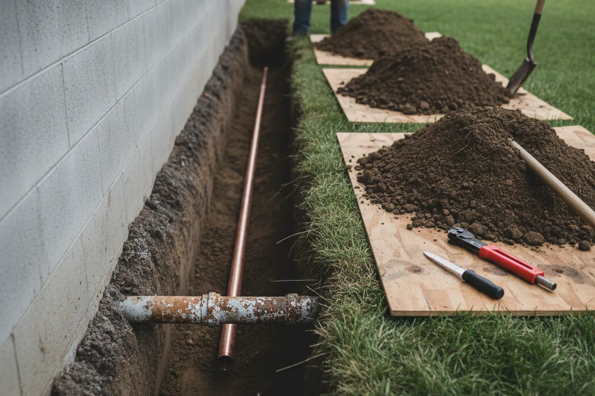 Excavated water line trench during Sewer Line Repair in Sunset